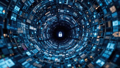 Security zero trust concept. A digital tunnel visualization with a lock symbol, representing cybersecurity and data protection in a high-tech environment.