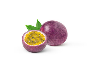 Purple passion fruit with cut in half and green leaf isolated. Maracuya isolated with leaves.