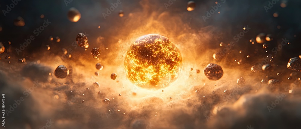 Poster glowing orb and asteroids in space