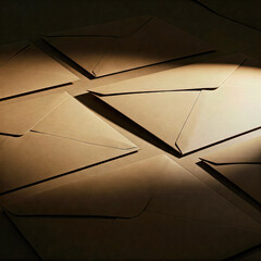 Stack of Brown Kraft Paper Envelopes in Overhead Light on Dark Background
