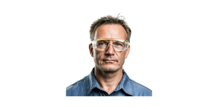 Man Wearing Safety Goggles And Blue Shirt. Industrial Safety And Protective Gear Concept Isolated On Transparent Background