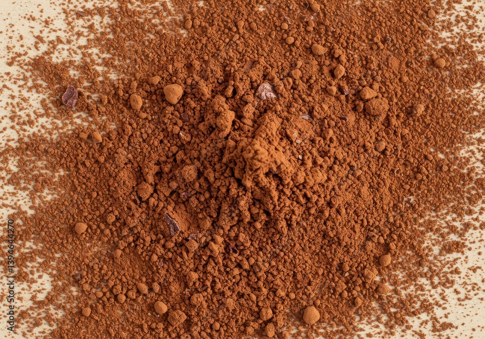 Poster aerial view of a pile of brown cocoa powder scattered on a light surface creating a textured backdro