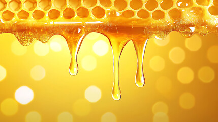 Golden honey drips from honeycomb against glowing yellow background, creating warm and sweet atmosphere. honey appears rich and viscous, emphasizing its natural purity and freshness