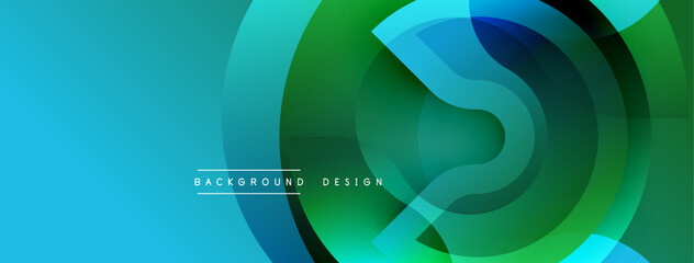Abstract gradient layers create dynamic visual flow. Blue transitions into vibrant green, forming circular, overlapping shapes. Modern design element for backgrounds or presentations.