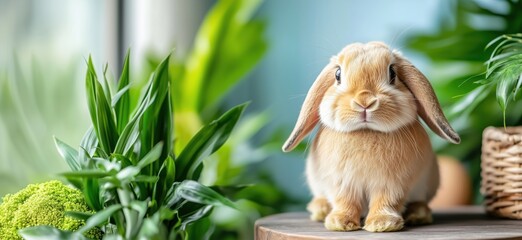 Obraz premium Cute fluffy rabbit sitting among green plants in bright indoor setting