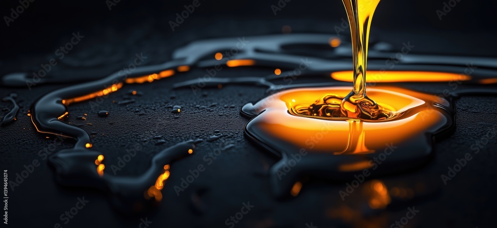 Poster liquid gold oil flowing on dark surface creating mesmerizing patterns and reflections
