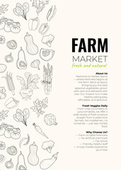 Vector vegetables frame with arugula, asparagus, pepper, eggplant, tomato, lettuce, broccoli, garlic, beet, onion, pumpkin, kohlrabi, parsley For seasonal Local Farmers Market Organic Harvest Festival