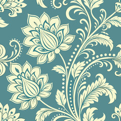 Elegant Vintage Floral Damask Seamless Pattern on Aqua Blue Background
