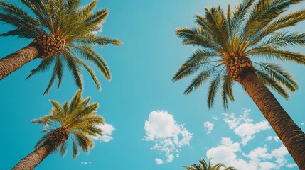 Fototapeta premium Tropical Paradise: Palm Trees Against a Vivid Blue Sky