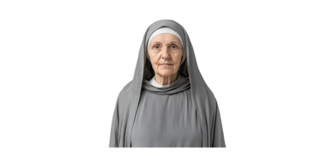 Elderly Nun In Traditional Habit. Religious Devotion And Spiritual Commitment Isolated On Transparent Background