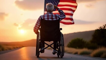 American veteran in a wheelchair saluting the American Flag - Powered by Adobe