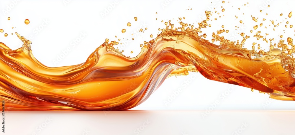 Poster dynamic splash of orange liquid creating fluid wave pattern with droplets