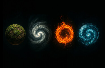 Mystical Representation of the Four Elements of nature on a Dark Background
