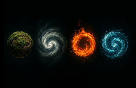 Mystical Representation of the Four Elements of nature on a Dark Background
