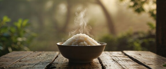 Obraz premium Steaming Bowl of White Rice on Wooden Table with Nature Background