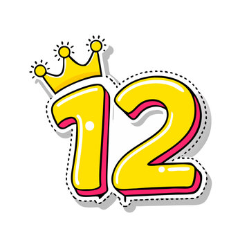 Crowned yellow number 12 in outlined cartoon sticker vector style