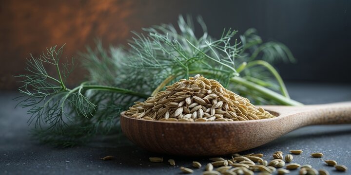 Fennel seeds in wooden spoon with fresh dill on dark background culinary herb aromatic spice ingredient.
