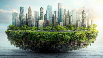 Obraz premium Green Technology Sustainability concept. A futuristic smart city with energy efficient skyscrapers floating above a lush green landscape