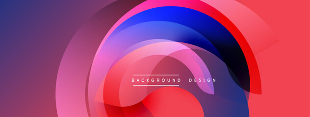 Abstract colorful layers create dynamic circular composition. Gradient shades blend from purple, blue, pink, red. Modern design element for backgrounds, presentations.