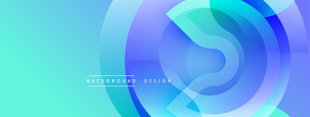 Abstract background features overlapping circular layers. Gradient transitions create vibrant blue, turquoise hues. Modern design evokes fluidity, depth. Minimalist aesthetic suits digital projects.