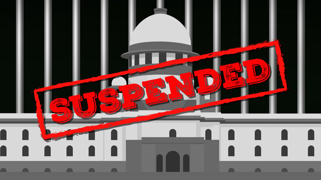 Supreme Court building vector background illustration overlaid with red "SUSPENDED" stamp text and metallic prison bars motif.