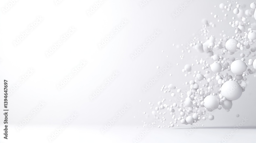 Poster white spheres cloud minimalist style high-resolution render wide angle view smooth surfaces flowing 