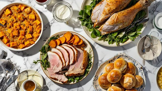 Overhead shot of a beautifully arranged Thanksgiving or holiday dinner spread with turkey, ham, sweet potatoes, and rolls