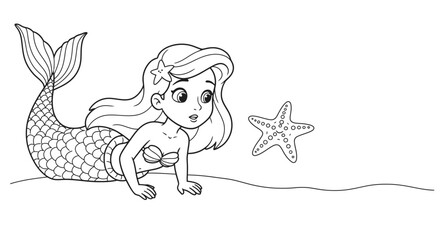 Fototapeta premium Inquisitive Mermaid Observing Basic Starfish Outline Coloring Sheet Easy Underwater Fantasy Drawing For Children