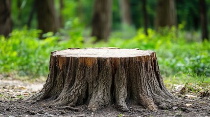 Fototapeta premium Stump of a tree cut down in a forest, surrounded by natural green grass and trees, blurred background, concept for nature protection, Natural lighting