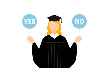 卒業ガウンを着て角帽をかぶった白人の女子卒業生がイエスノーの棒を持つシンプルなイラスト