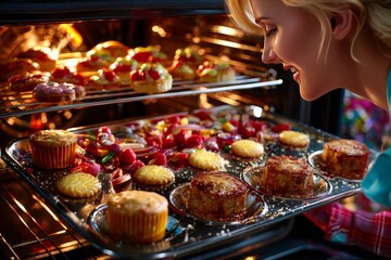 Mujer retirando bandeja con galletas recién horneadas del horno en una cocina iluminada