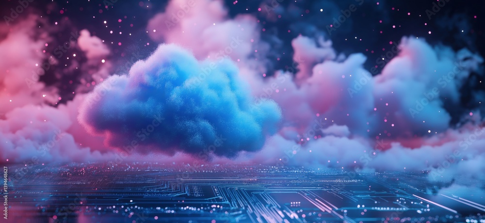 Poster digital cloud computing concept with vibrant colors and circuit board background