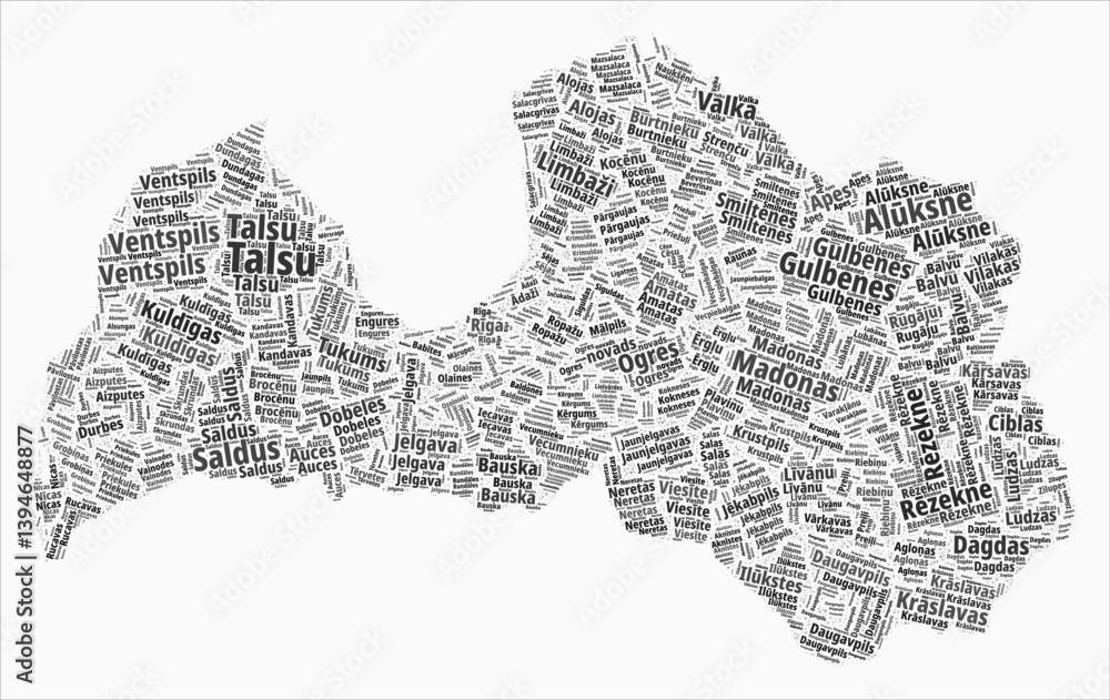 Poster latvia text style regions. country region names word clouds in the latvian language. elegant vector 