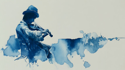 Melancholic watercolor painting of violinist in indigo tones, with abstract washes and splashes creating serene and emotional atmosphere