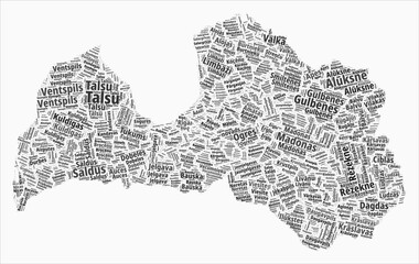 Latvia Text Style Regions. Country region names word clouds in the Latvian language. Elegant vector illustration.