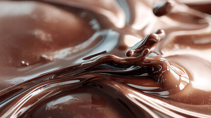 Close up of melting chocolate with glossy reflections, showcasing smooth texture and rich brown tones, evoking sense of indulgence and sweetness