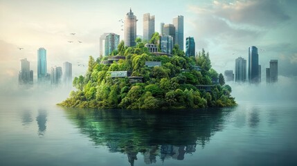 Obraz premium Green Technology Sustainability concept. Futuristic eco city with floating island and renewable energy