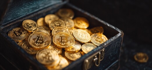 Treasure chest filled with shiny gold Bitcoin coins representing cryptocurrency wealth