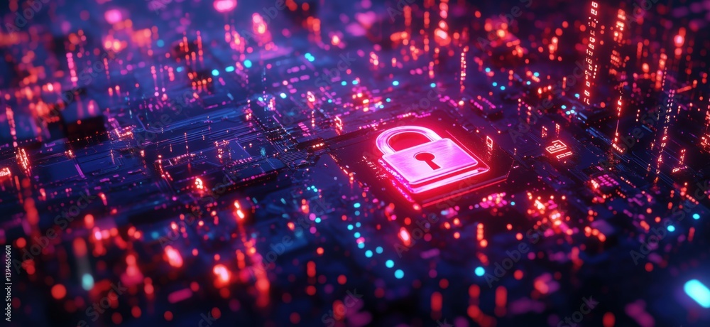 Aufkleber digital security concept with glowing lock symbol on circuit board background