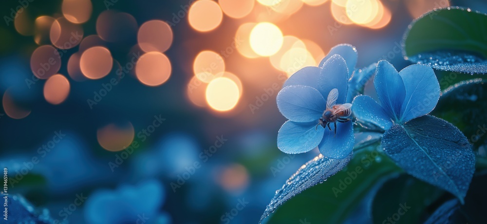 Poster blue flower with bee and bokeh background creating serene nature scene