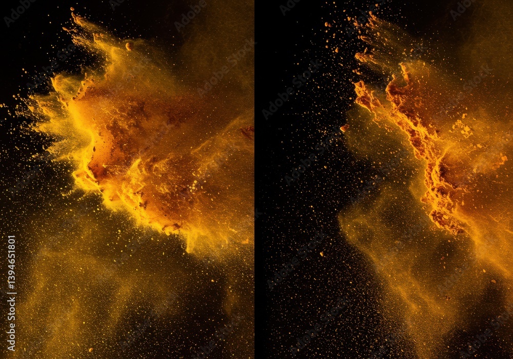 Poster a vibrant explosion of golden powder against a stark black backdrop in a dynamic dual image display