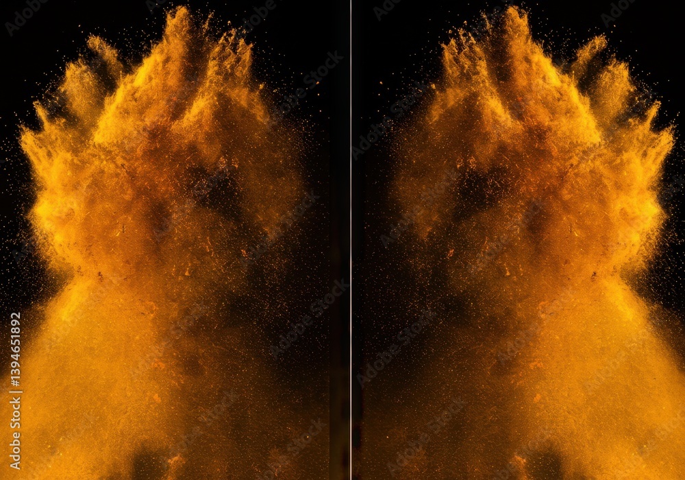 Aufkleber symmetrical explosion of golden powder against a dark background creating a mirror image effect