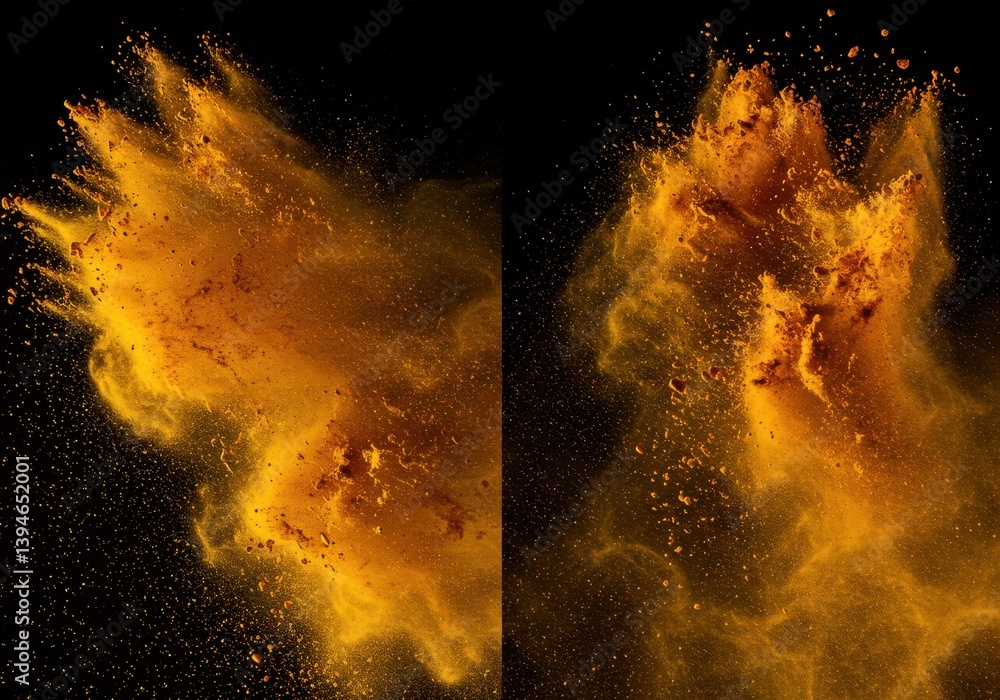 Poster golden explosion of dust particles against a dark background in a diptych layout style image
