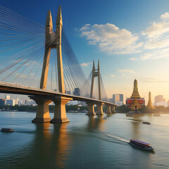 Obraz premium Majestic Suspension Bridge Spanning Chao Phraya River in Bangkok