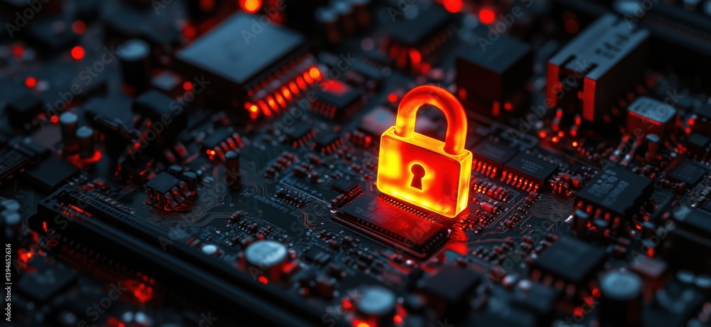 Poster cybersecurity concept with lock symbol on circuit board background in red glow
