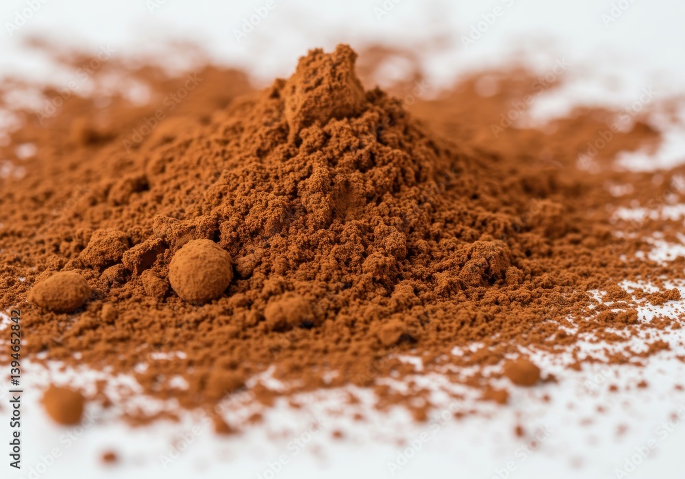 Poster a mound of cocoa powder with small cocoa balls scattered on a white surface in a close up shot