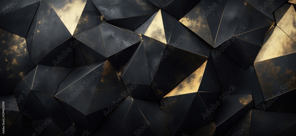 Poster abstract geometric black and gold textured background with sharp angles and facets