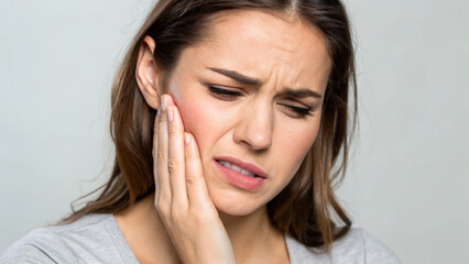 woman experiencing discomfort due to toothache, showing pained expression while holding her jaw