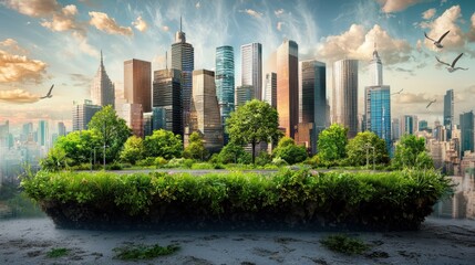 Fototapeta premium Green Technology Sustainability concept. Visionary smart urban infrastructure with energy efficient skyscrapers and floating green spaces