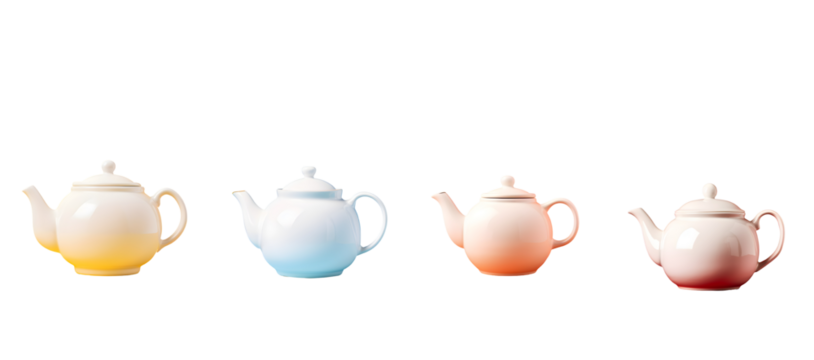 Four colorful tea pots on a transparent background make a pretty pattern for tea time themes and kitchen designs - Powered by Adobe